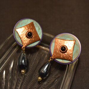 Vintage Handmade Geometric Copper & Teardrop Dangle Clip-on Earrings